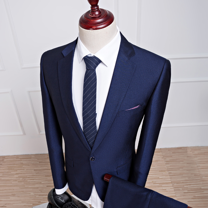 OSCN7 2 Pcs Dark Blue Suit Men Slim Fit Business Prom Groom Wedding ...