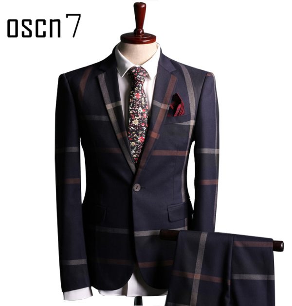OSCN7 Navy Blue Slim Fit Plaid Suit Men Notch Lapel Business Formal ...